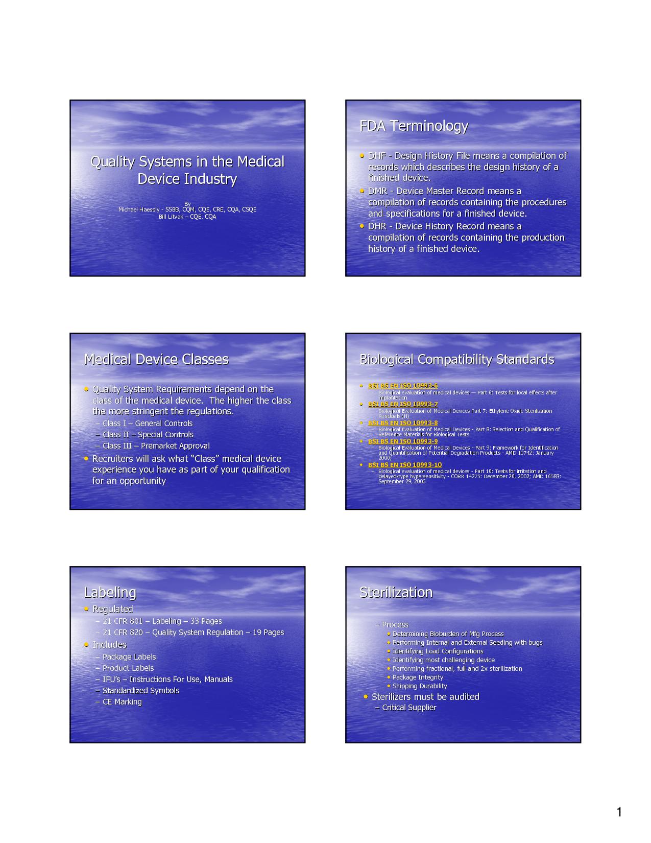 Microsoft PowerPoint - Quality Systems in the Medical Device In1 Microsoft PowerPoint - Quality Systems in the Medical Device In1